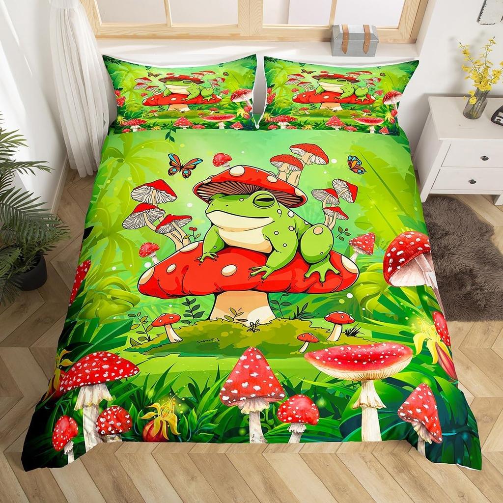 Kawaii Frog Print Duvet Cover Frog Mushrooms Comforter Cover Botanical Mushroom Twin Queen Bedding Set For Girl Teen Room Decor