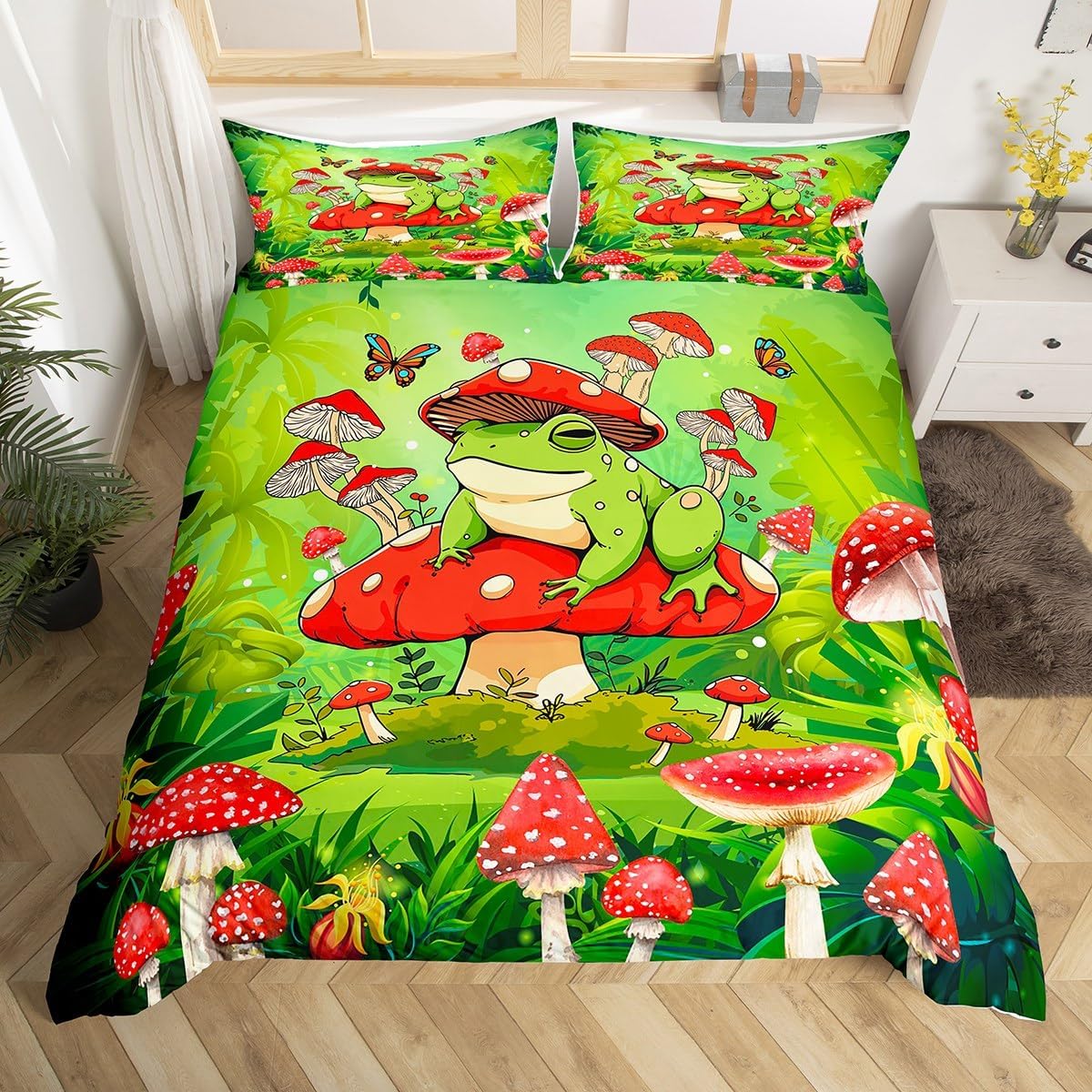 

Милий duvet cover з принтом жаби, покривало-ковдра з жабами та грибами, ботанічний грибний комплект постільної білизни Twin Queen для кімнати дівчинки-підлітка EU Single(135*200cm)3pcs