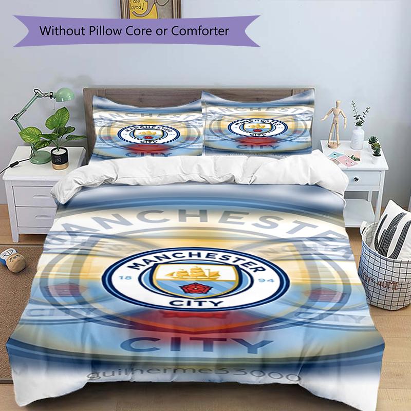 3pcs Duvet Cover Set (1*Duvet Cover + 2*Pillowcase, Without Core),Manchester City FC Print Bedding Set, Bedroom Decor, All‑Season, Birthday Gift