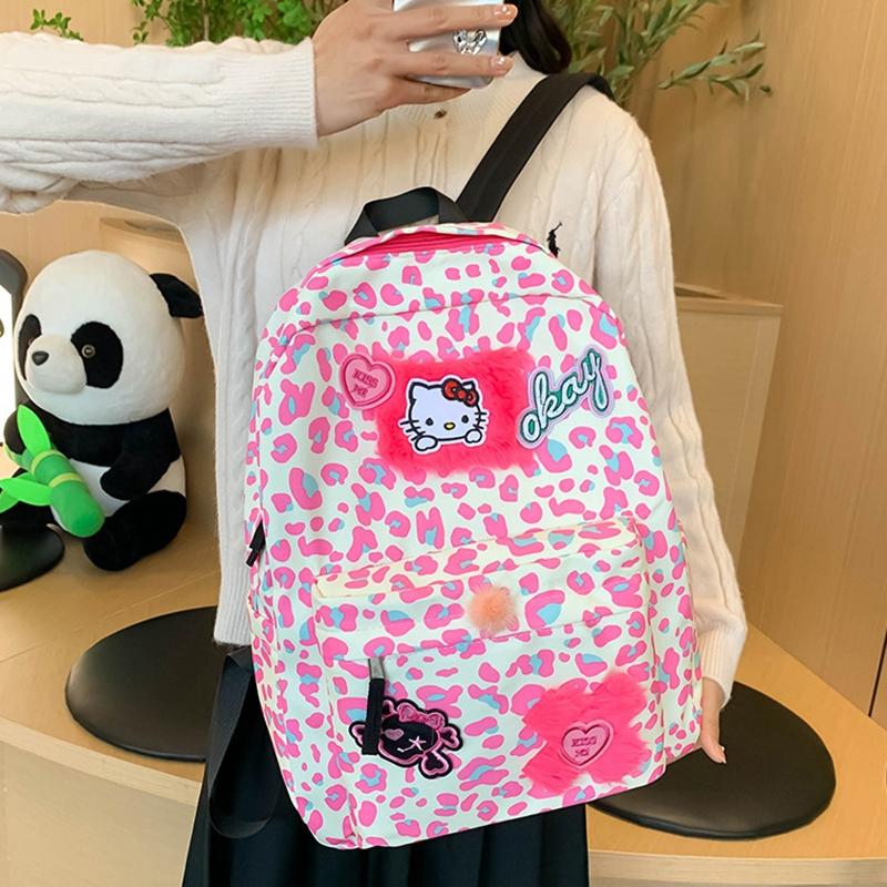 

Lovely Cartoon Kt Leopard Print Backpack Cute Pink Large Capacity Student School Bag Y2K Korean Casual Oxford Backpack
