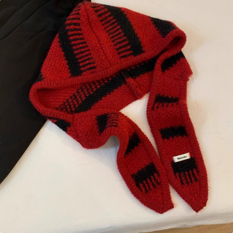 Ins Wind Black and White Striped Balaclava Hat Women's Winter Wool Warm Ear Protector Knitted Hat Scarf