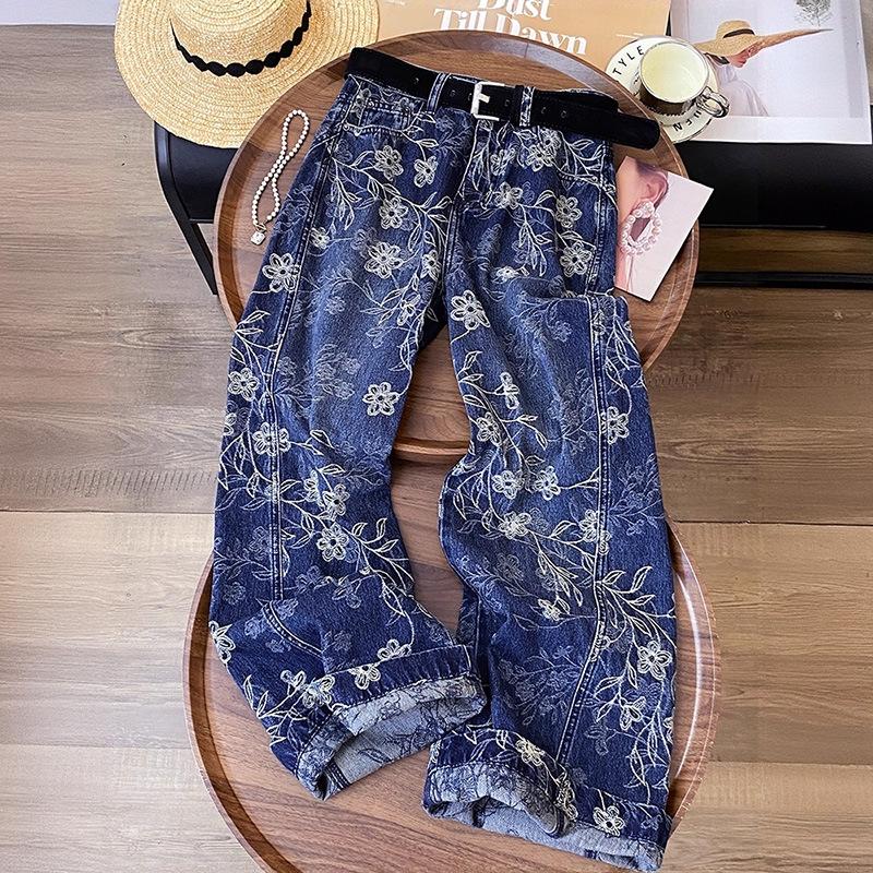 Winter 2026 High-Waisted Blue Chic Retro Embroidered Jeans - Plus Velvet Thickened Straight Leg Pants