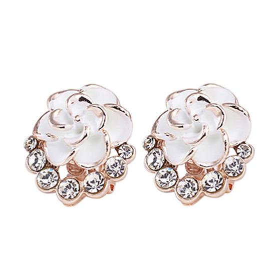 Women Peony Camellia Flower Rhinestones Alloy Ear Stud Earrings Party Jewelry