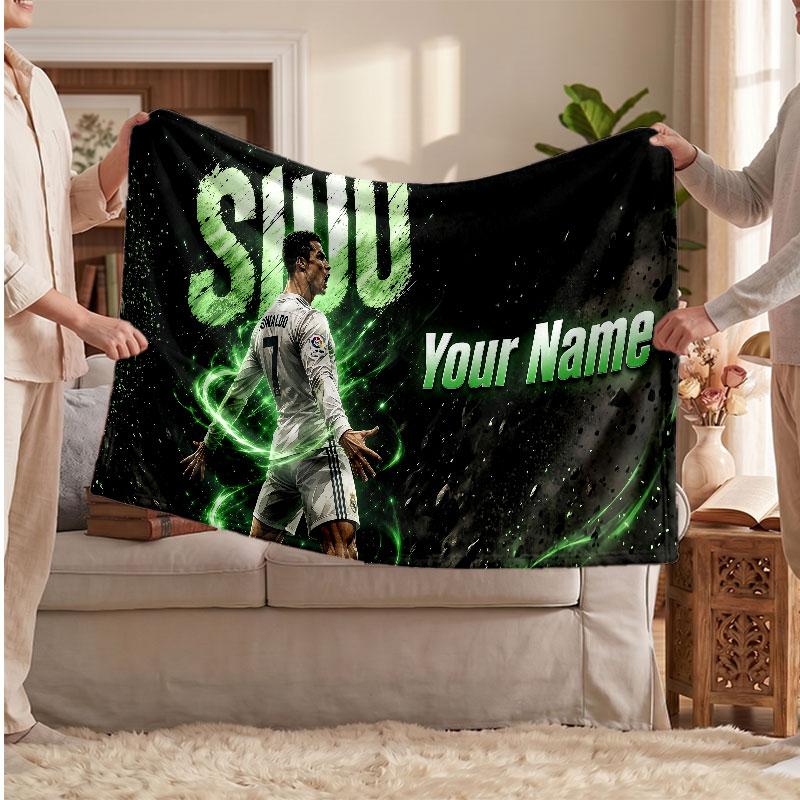 Coperta Personalizzata in Pile Cristiano Ronaldo con Logo Calcio, Testo Nome Personalizzato Morbida Calda Coperta da Divano per la Casa