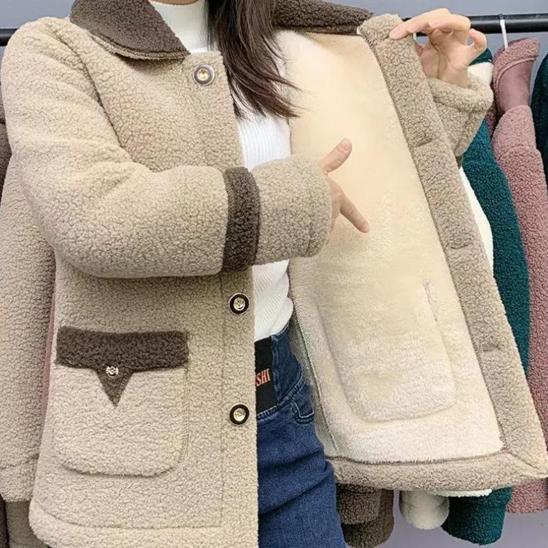 Jehněčí fleecová bunda Podzimní a zimní Modely Plus Sametová zhušťovací bunda s mateřským kožíškem Dámská Středně dlouhá