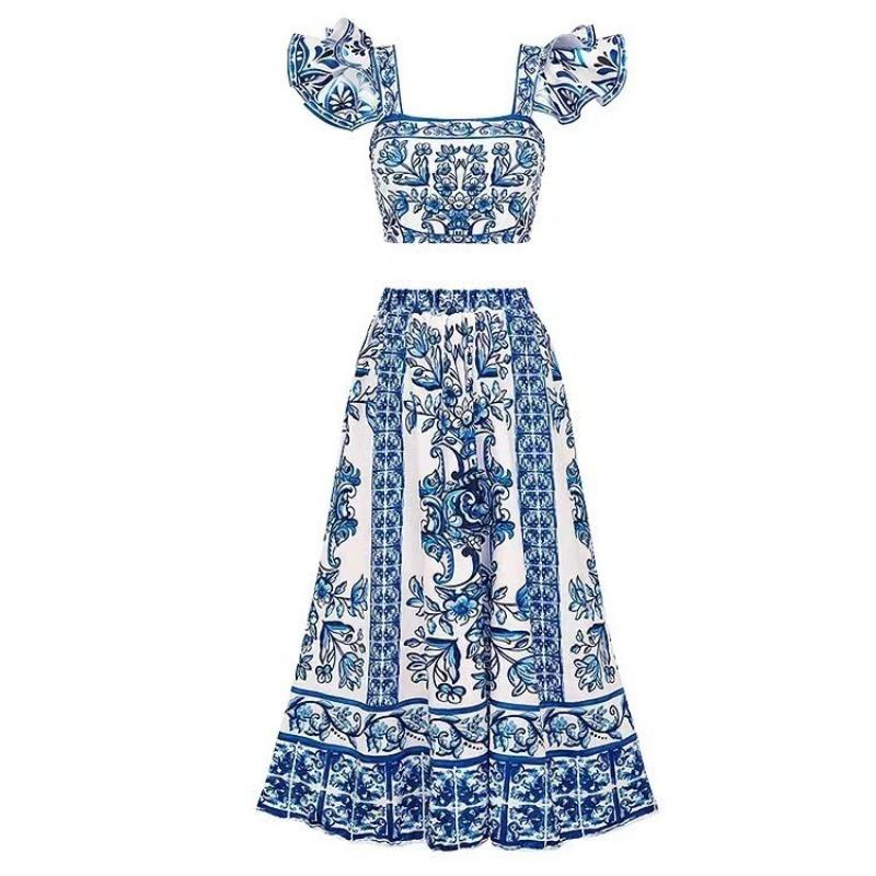 1SET women's sunscreen swimsuit gauze skirt printed swimsuit women's bikini