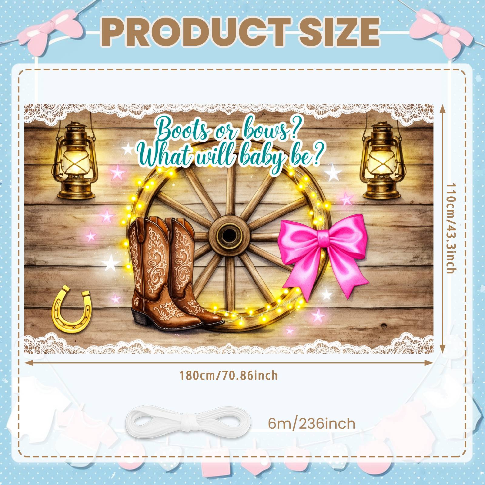 Boots Or Bows Banner Lace Trimmed Gender Reveal Banner Cowboy Theme Banner Western  Western Backdrop For  Shower