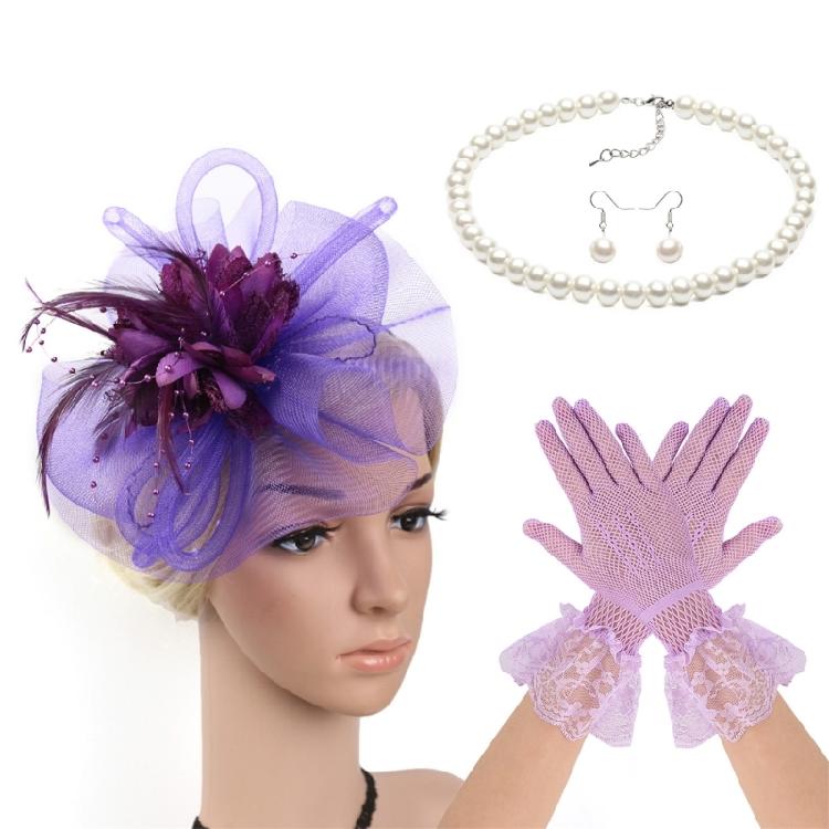 4in1 Fascinator Derby Headpiece with Earrings Necklace Lace Gloves For Horse Racing Party Masquerades Roleplay Headpiece