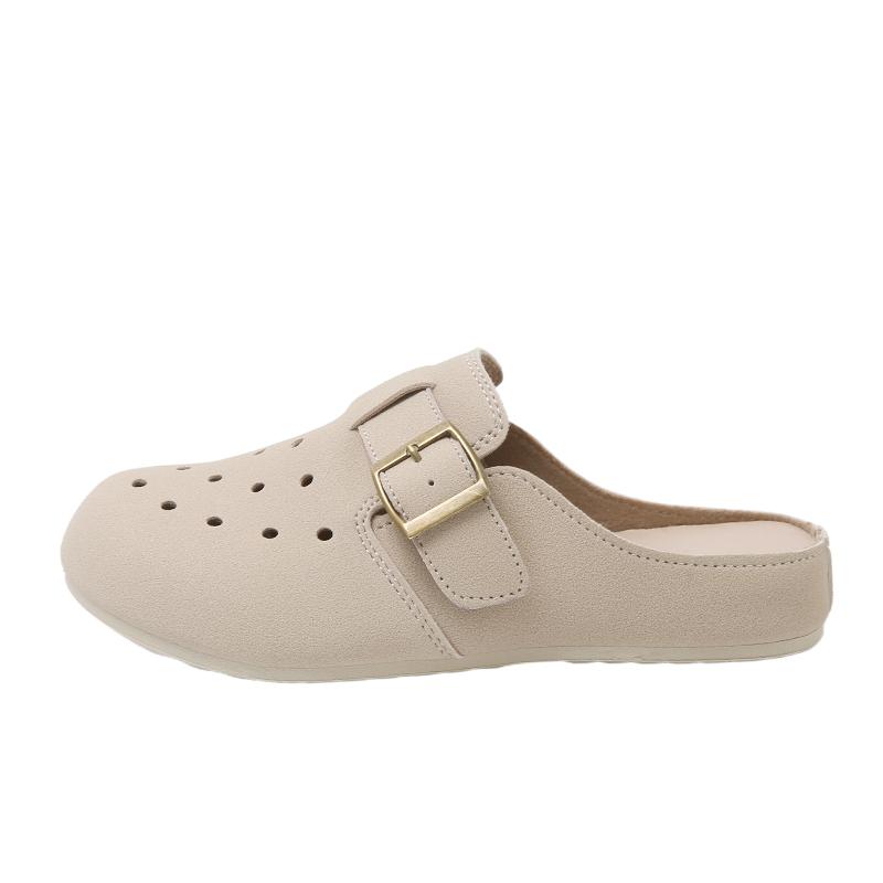 Fashion Women's Suede Clog Slippers with Buckle Breathable Boken Fashion Footwear Anti-Slip Soft Sole Outdoor Casual Mules