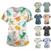 Camisetas Femininas Plus Size com Decote V e Manga Curta Estampadas com Dinossauros Tops de Uniforme de Trabalho com Bolsos Camiseta para Trabalho