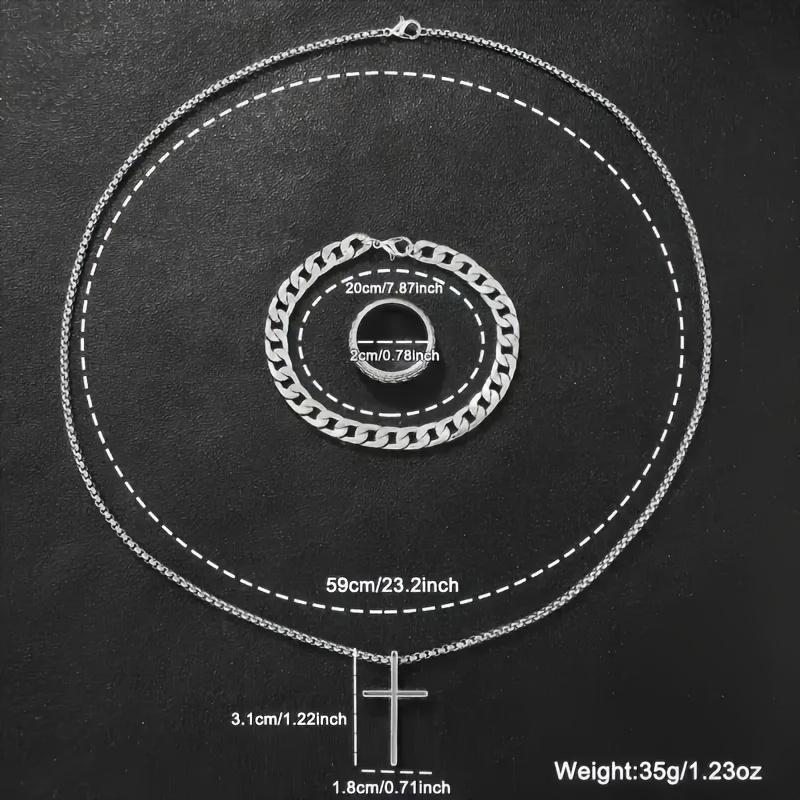 Men's 4-Piece Fashion Watch Set with Quartz Movement: Alloy Case, Stainless Steel Strap, Date Feature, Includes Watch, Bracelet, Cross Necklace, Ring