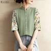 ZANZEA Women Floral Print Splice 3/4 Sleeve Loose Casual Blouse