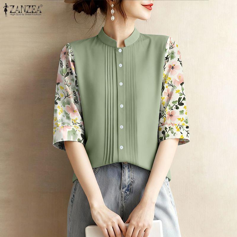 ZANZEA Women Floral Print Splice 3/4 Sleeve Loose Casual Blouse