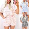 Women's 2Pcs Striped Pajama Set Short Sleeve T-Shirt + Drawstring Shorts Casual Loungewear For Summer Loose Fit Homewear
