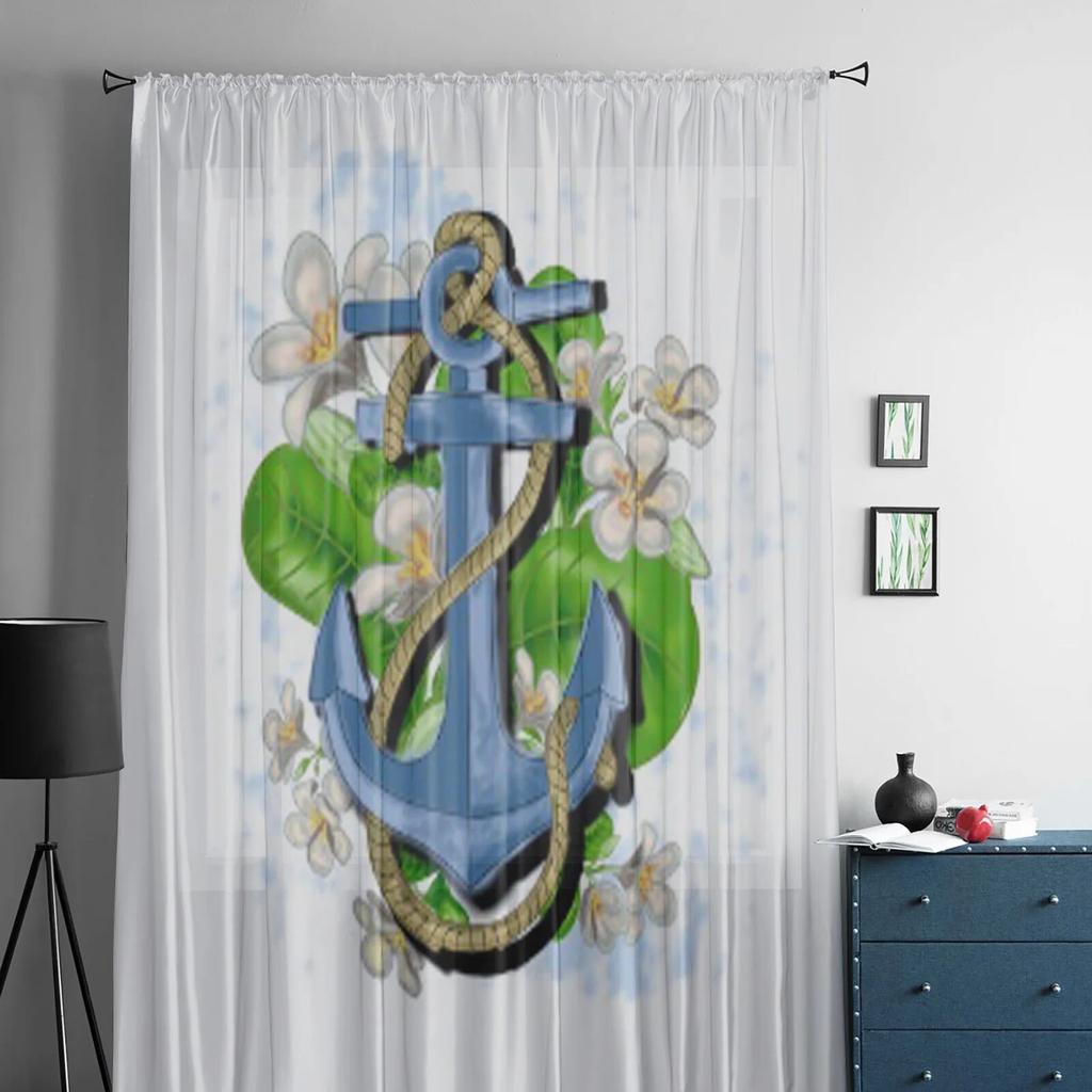 Flowers and Anchor In Boho Style Sheer Window Curtains for Living Room Girl Bedroom Tulle Curtains Kitchen Veil Chiffon Drapes