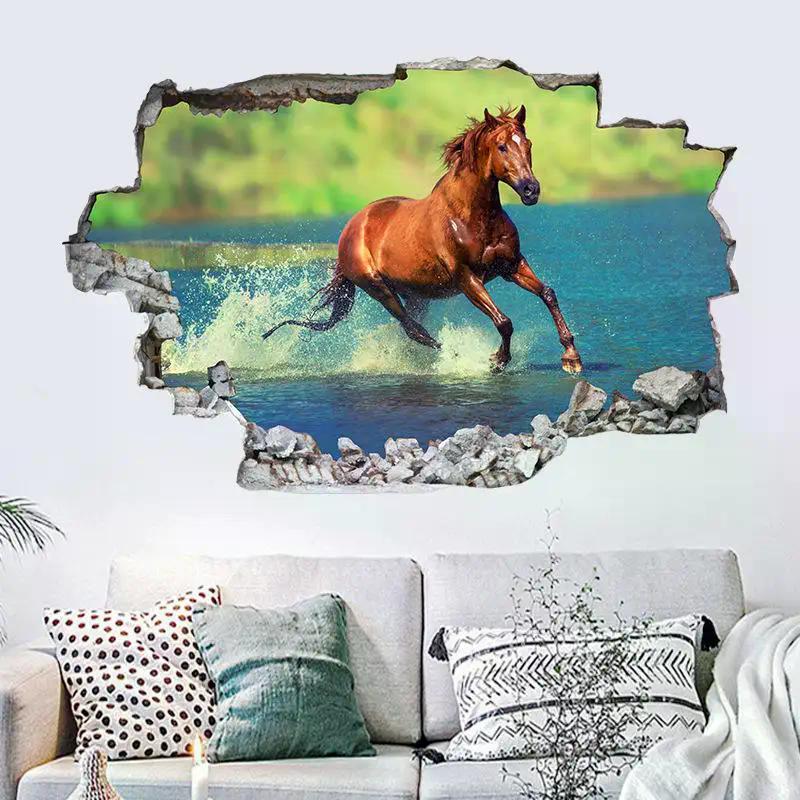 Poster Animale Buco Muro Rotto Arte Cavallo Bianco Che Corre Vinile Murale Adesivi Per Soggiorno