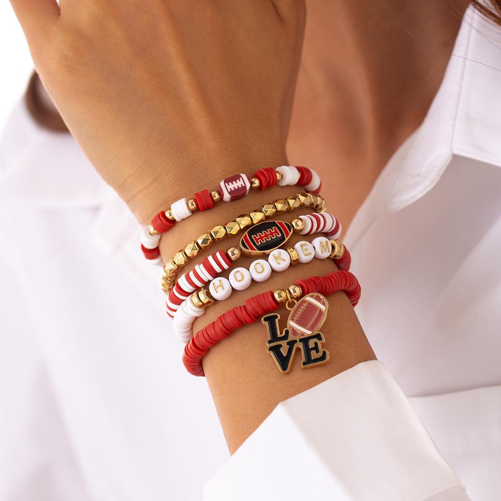 Accessories Super Bowl Alphabet Soft Pottery Beaded Bracelet, Fashion Rugby Pendant Bracelet Set Women