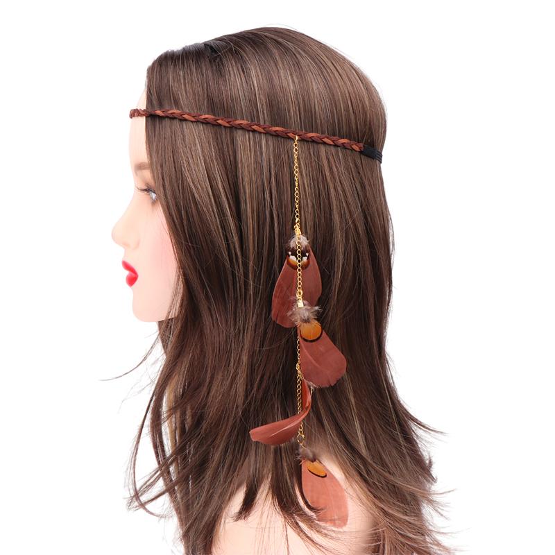 

Винтажный головной убор из павлиньих перьев, плетеная веревочная повязка на голову, повязка на голову для женщин, бохо, головной убор из перьев, индийский головной убор, аксессуары для волос коричневый