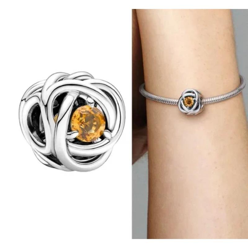 Silver S925 Twelve Month Birthstone Heart Eternity Charms Beads Pendant Fit Original Bracelet for Women DIY Fine Jewelry