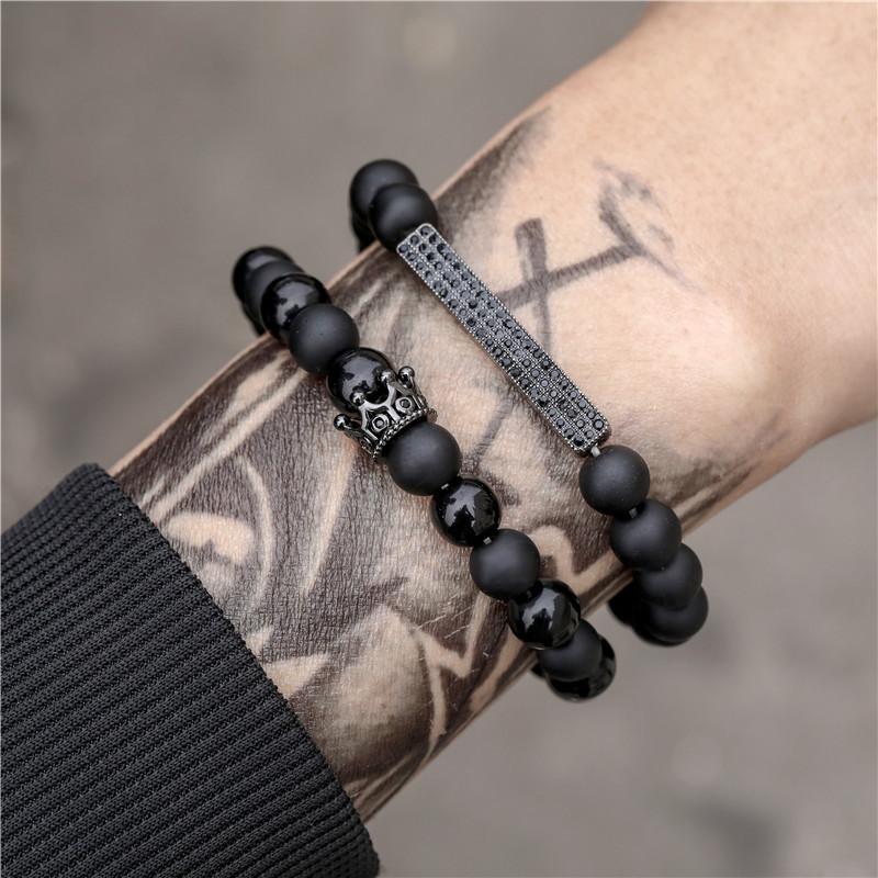 Brățară Lungă Elastică Coroană Piatră de Lavă Piatră Mată Neagră Set Brățări