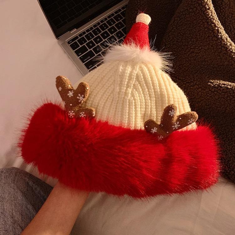 Christmas Knitted Antler Hat,Cute Reindeer Antlers Hat, Winter Warm Ski Skull Beanie Cap for Women Men