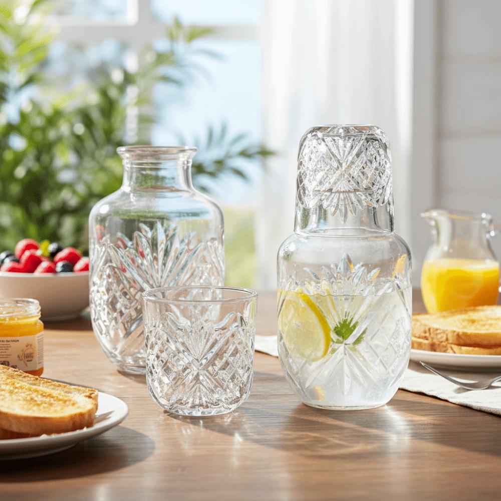 Transparent Vintage Relief Glass Carafe with Cup Cold Pitcher Glass Water Bottle Office