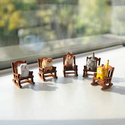 Small Hand-Carved Wooden Animal Figurine Cute Rocking Chair Cat/Dog/Fox Statue for Desk Home Office Decor