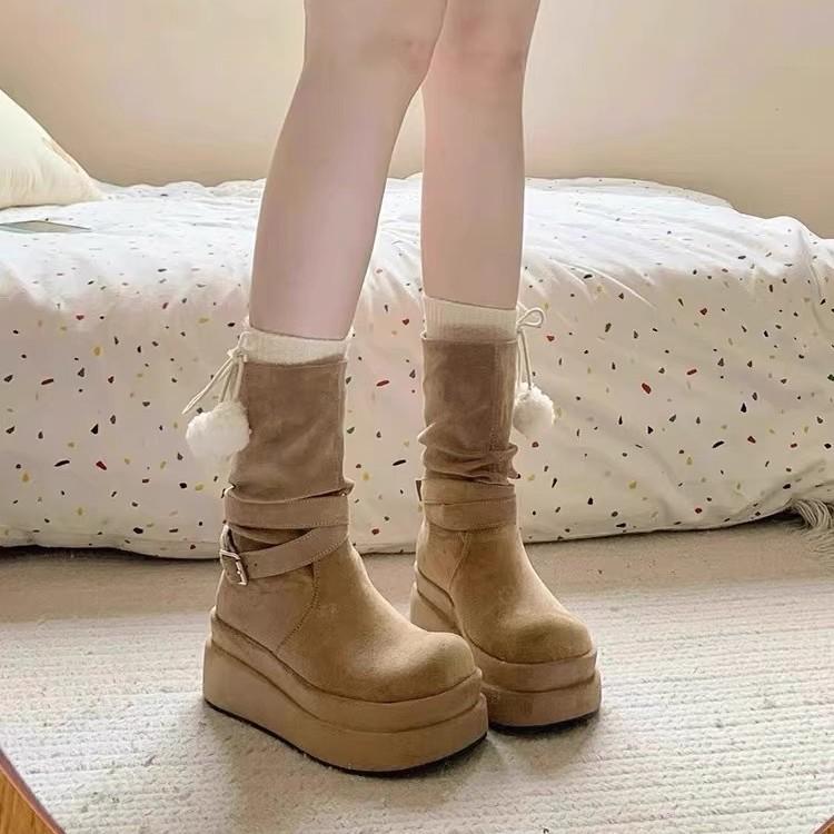 Niche Medium Boots Women's Autumn and Winter New Heightened Thick-soled Martin Boots Pleated Suede Fashion Boots Western Cowboy Boots