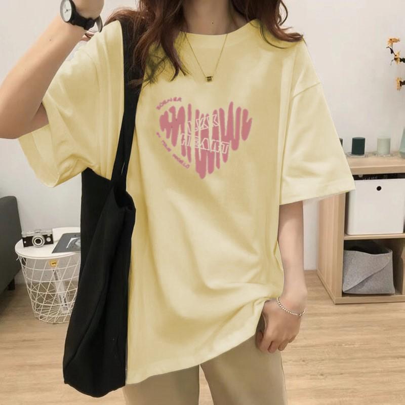 Women Plus Size Cotton T-Shirt Summer Short Sleeve Heart Print Mid-Long Loose Casual Pullover Top For 200lbs