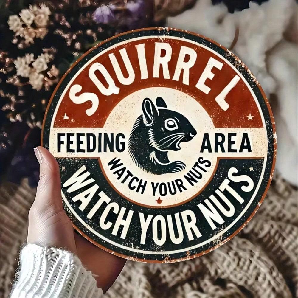 Vintage Aluminum Squirrel Feeding Sign Humorous Indoor Outdoor Garden Decor