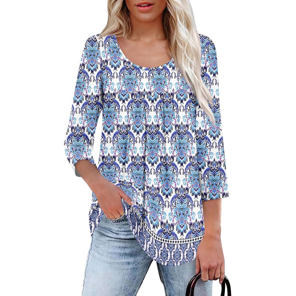 Women's Fashion Seven Sleeve Top Round Neck Pleated Casual Printed Top