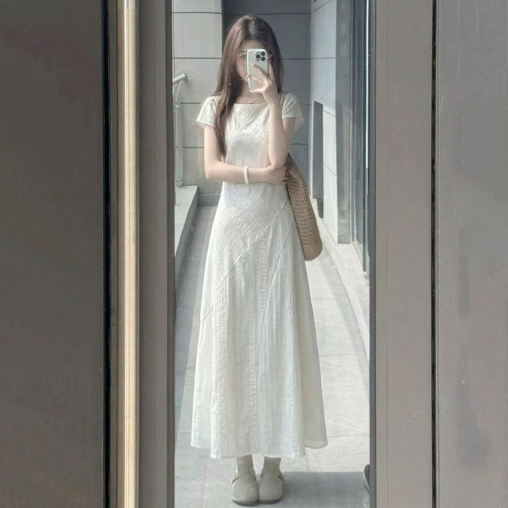 Summer new design round neck short-sleeved jacquard dress women's French temperament waist and thin long A-shaped skirt