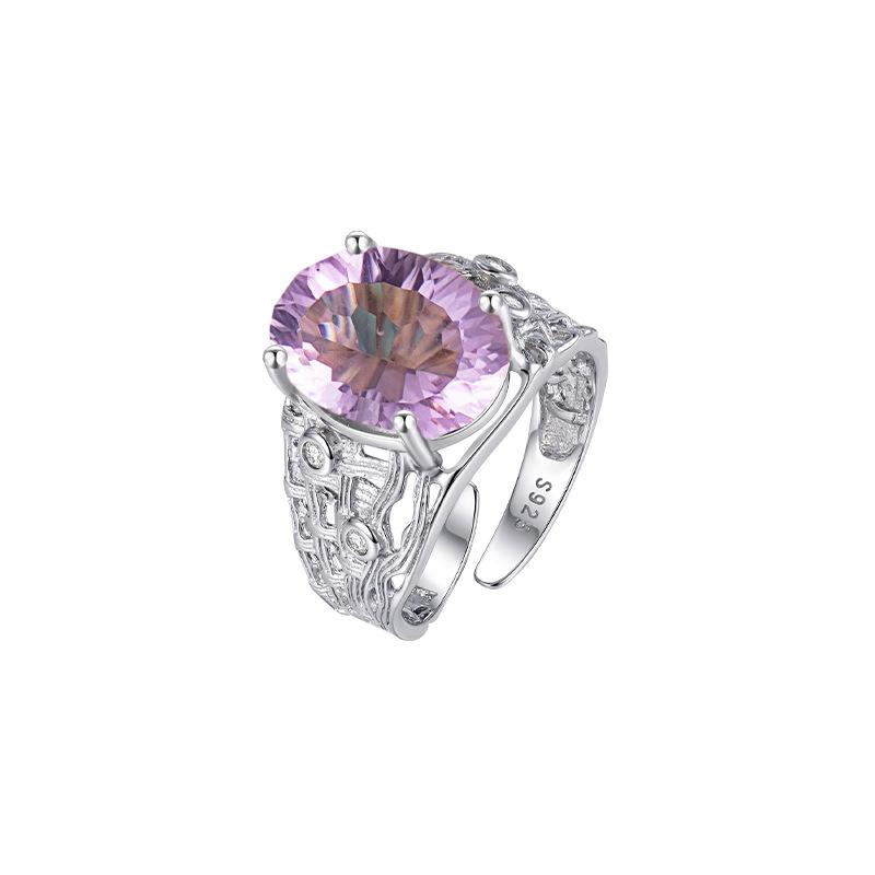 S925 sterling silver ring women's inlaid natural crystal stone topaz retro court style light luxury adjustable hand jewelry