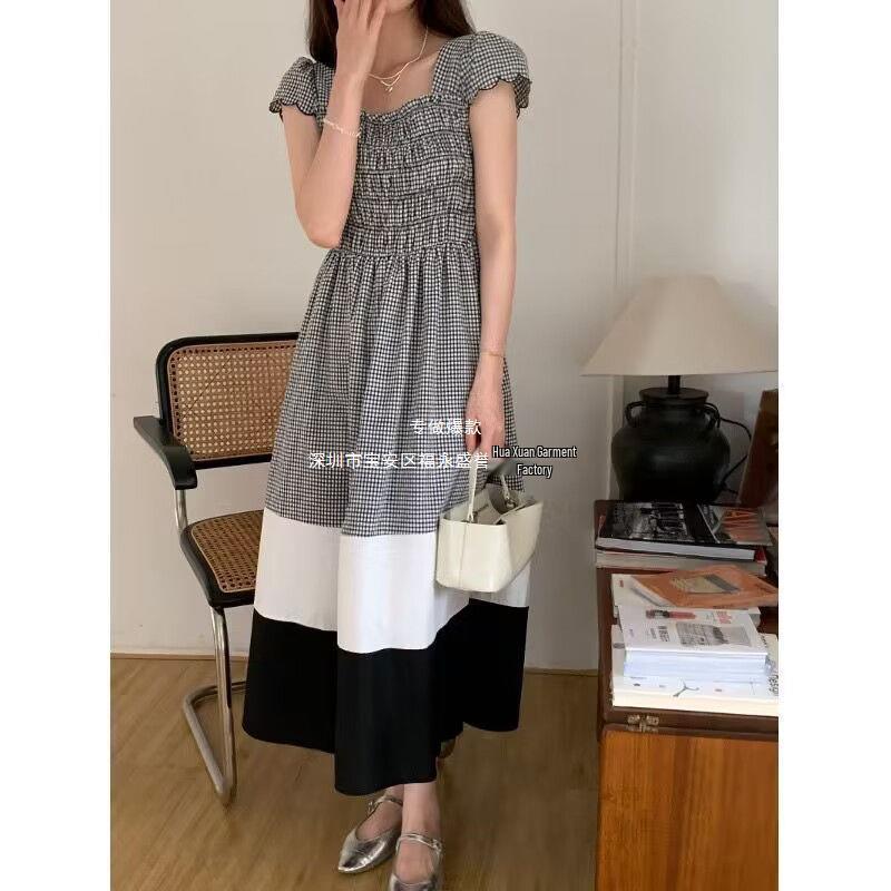 Damen Sommer 2023 Kariertes A-Linien-Kleid mit Kontrastfarbe und kurzen Flatterärmeln