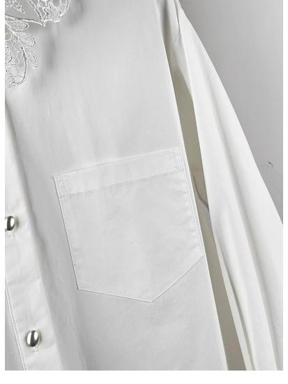 Women's Mid-Length White Cotton Shirt with Heavy Embroidered Petal Lace Collar, Long Sleeves, Loose Fit Covering Belly and Hips