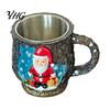 Holiday Home Ornaments Christmas Theme Mug with Stainless Steel Liner, 3D Relief Hand Elk Tableware Painted Resin Coffee Cup, Decorative Drinkware for