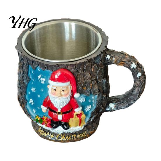 Holiday Home Ornaments Christmas Theme Mug with Stainless Steel Liner, 3D Relief Hand Elk Tableware Painted Resin Coffee Cup, Decorative Drinkware for