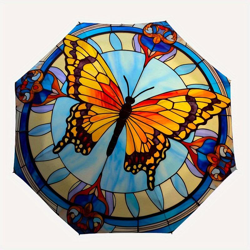 Stunning Stained Butterfly Window PanelUmbrella, Portable 3-Fold Compact Umbrella,Christmas Gift ES529