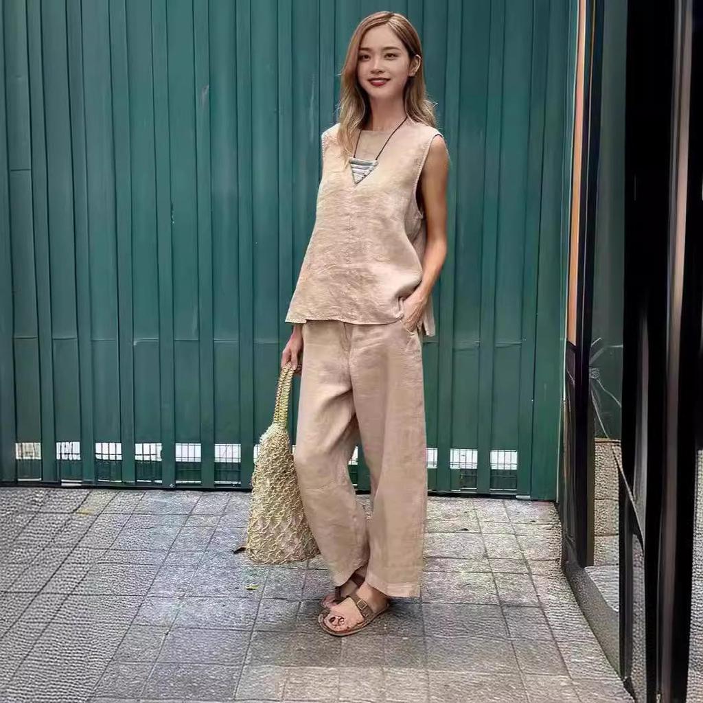 2024 Spring/Summer Cotton Linen Casual Two-Piece Set: Sleeveless Top & Loose Long Pants for Women