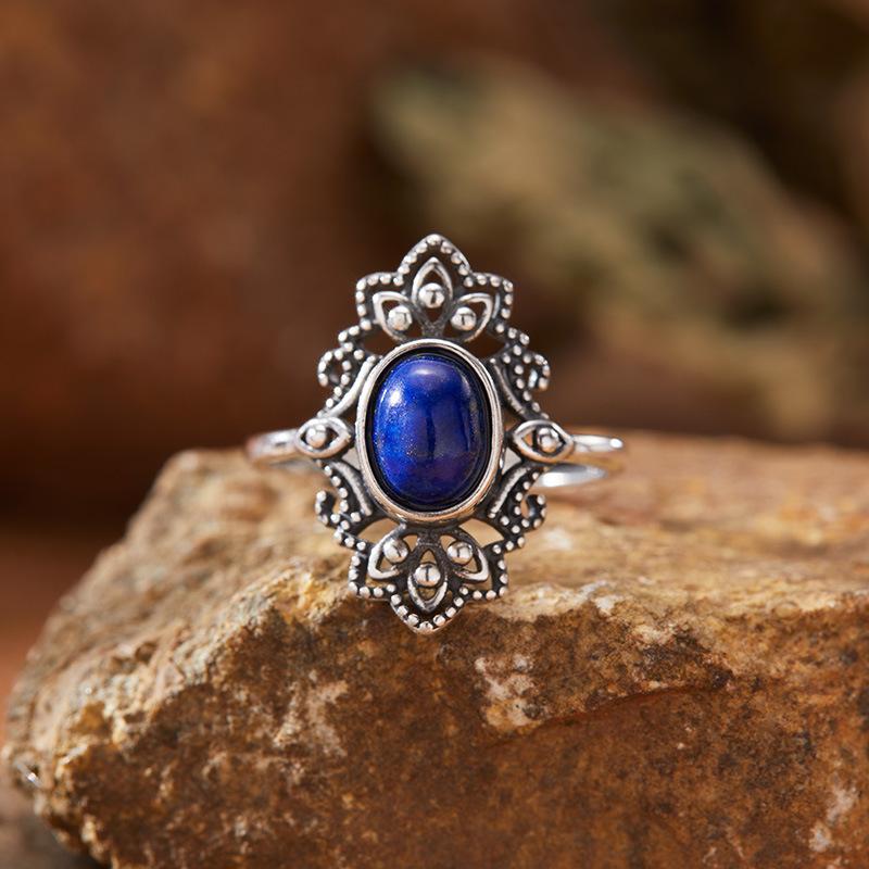 Personalized Retro Thai Silver Natural Colored Treasure Ring Female S925 Sterling Silver Court Pattern Advanced Sense Index Finger Ring