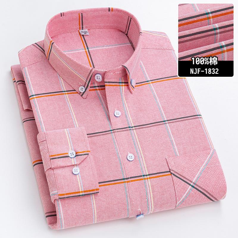 New Pure Cotton Business Men Oxford Shirt Long Sleeve Casual Plaid Striped with Chest Pocket Non-iron Autumn Spring