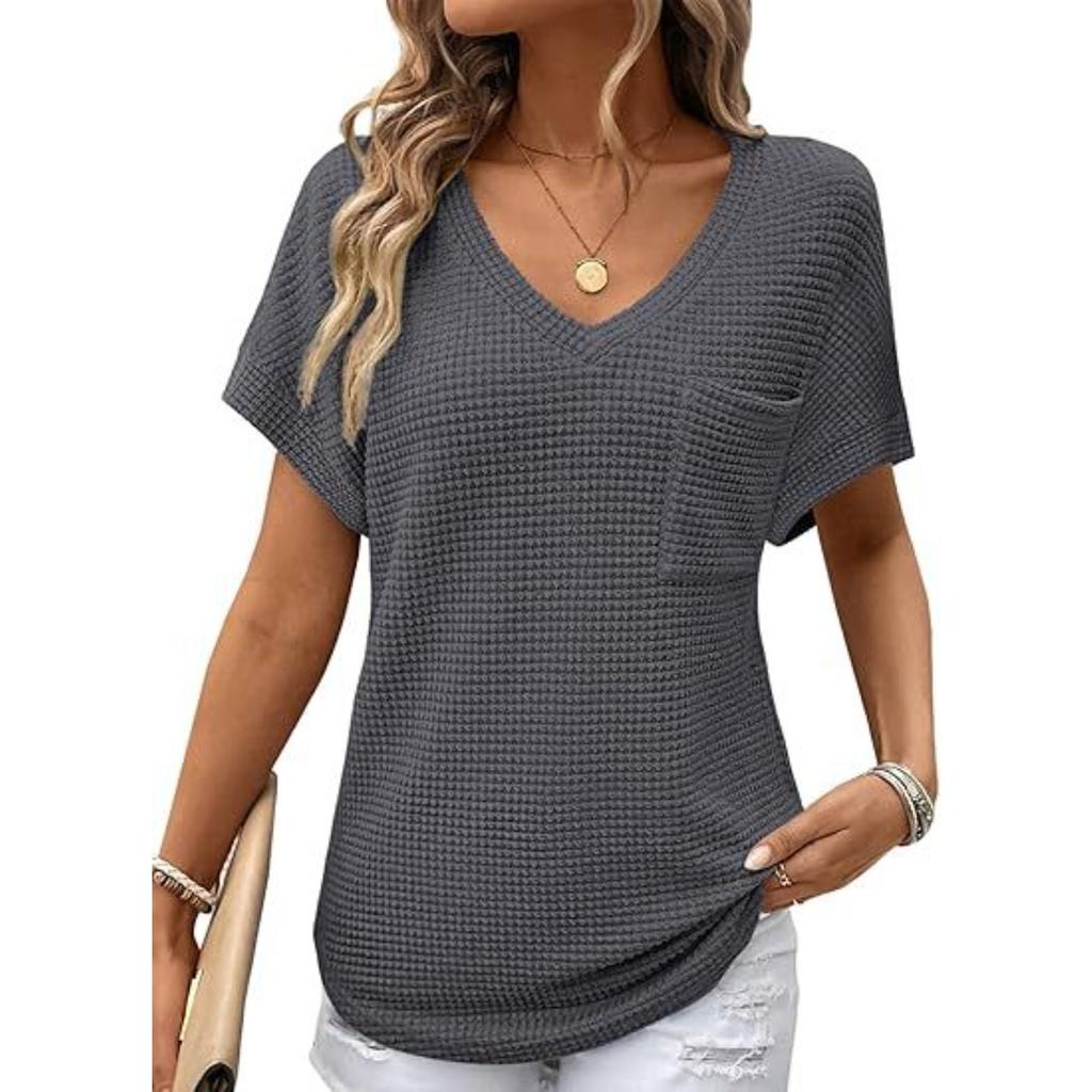 Women's V Neck Short Sleeve Loose Fit Waffle Knit Top Casual Summer Blouse Solid