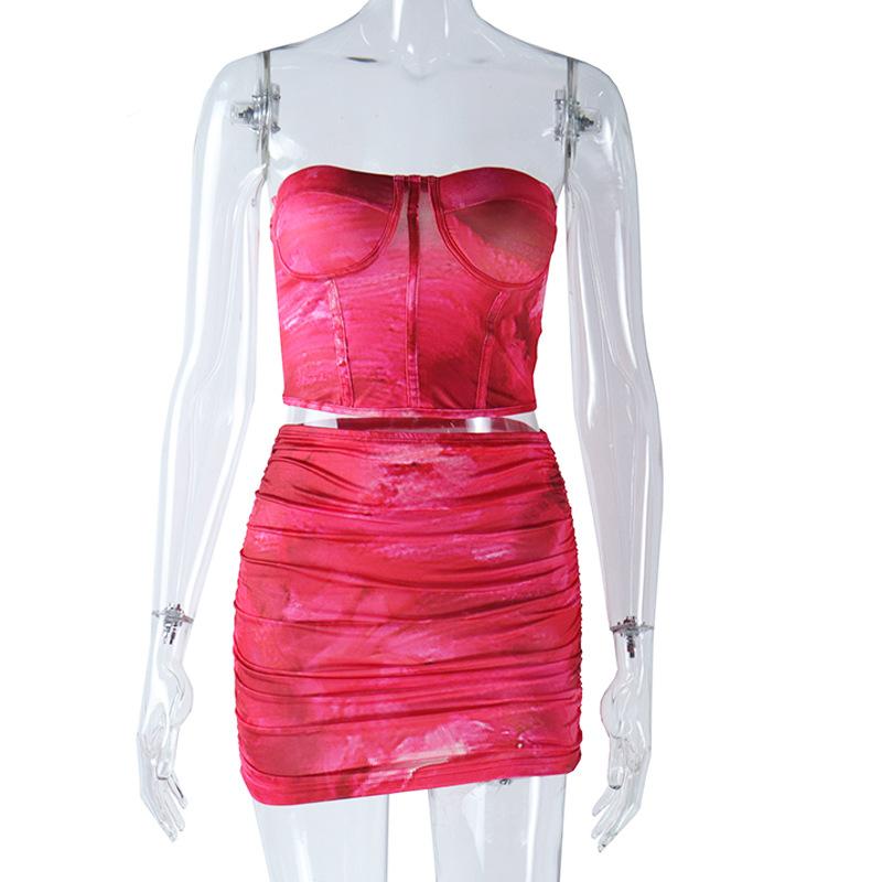 

Европейский и американский стиль модный женский сексуальный облегающий грудь жилет с принтом полуюбка комплект из двух предметов L розовый