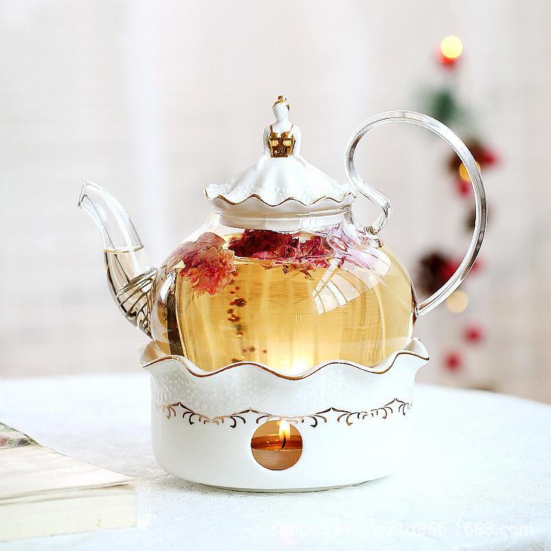 British Style Light Luxury Flower Teapot Tea Set Candle Heating Base Set Heat-resistant Glass Afternoon Tea Flower Fruit Teapot