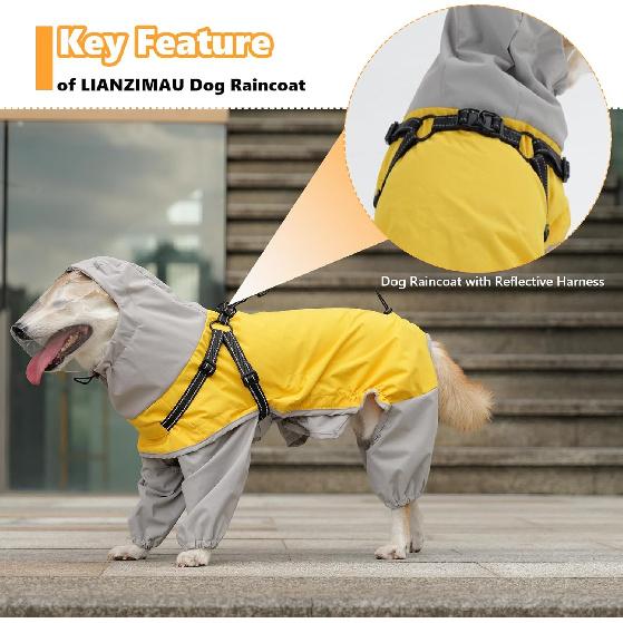 LIANZIMAU Waterproof Dog Raincoat 4 Legs with Leash Hook Reflective Adjustable Belly Strap Clear Hood Lightweight Polyester for Small Medium Large