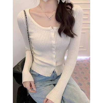 Cardigan de malha fino de manga comprida para mulheres 2024 primavera novo estilo abotoamento simples desejo puro com top de alças