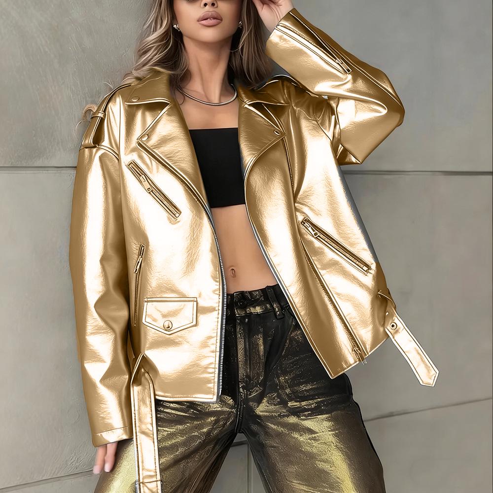 Женская мотоциклетная куртка из искусственной кожи в стиле ретро - Осень/Зима 3XL золотой