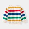 Spring and Autumn Children's Clothing Color Striped Long Sleeve Sweater, Cartoon Pattern Contrast Color Crew Neck Threaded Cuff Pullover Sweater