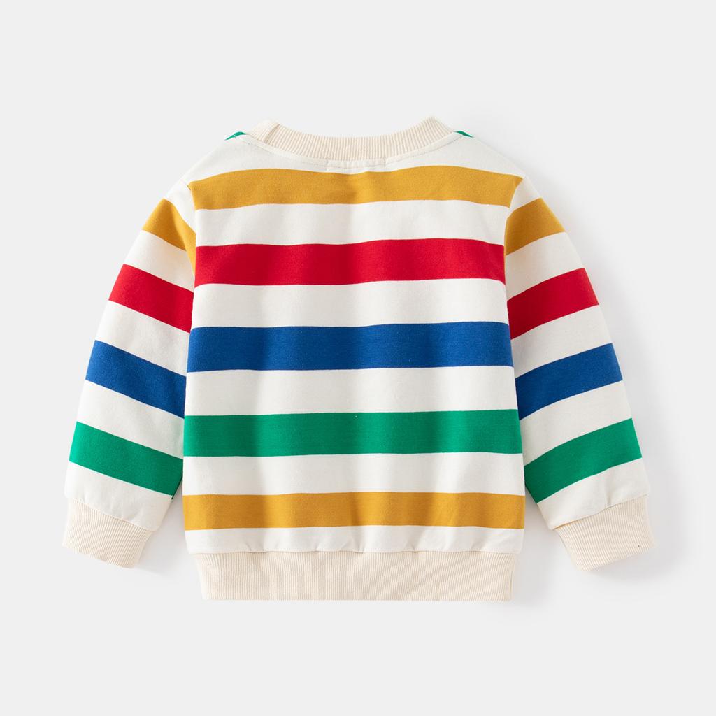 Spring and Autumn Children's Clothing Color Striped Long Sleeve Sweater, Cartoon Pattern Contrast Color Crew Neck Threaded Cuff Pullover Sweater