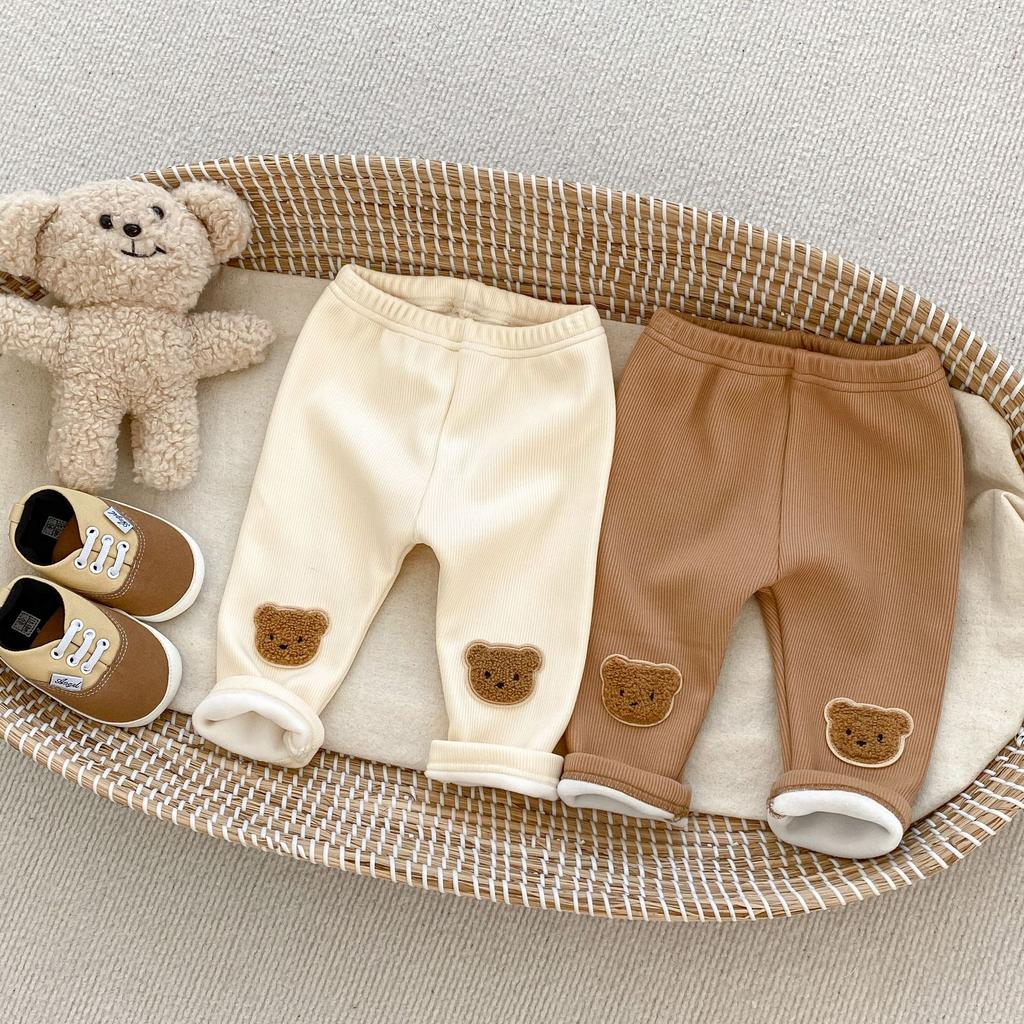 Autumn Winter Baby Fleece Lined Bear Butt Pants Elastic Warm Casual Leggings For Infants Toddlers